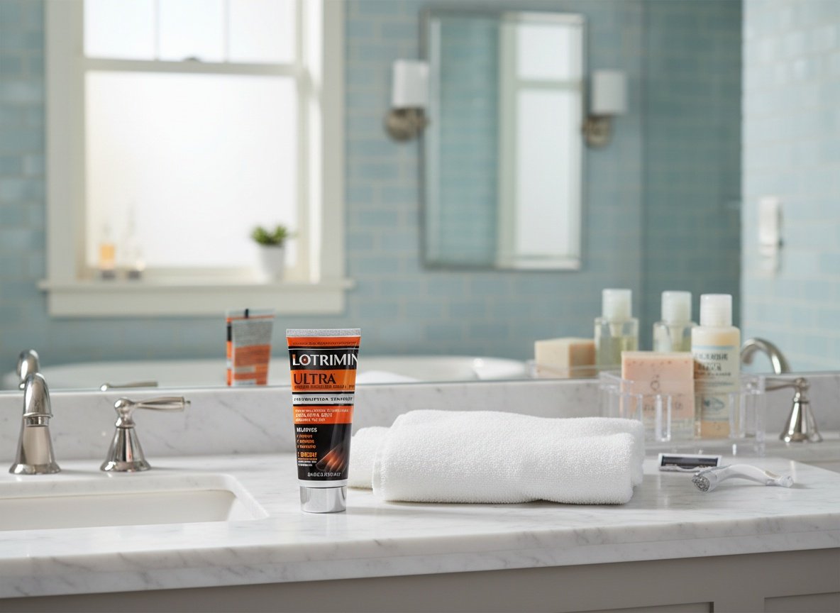 Lotrimin Ultra cream tube on bathroom vanity shelf with towels and shower supplies nearby