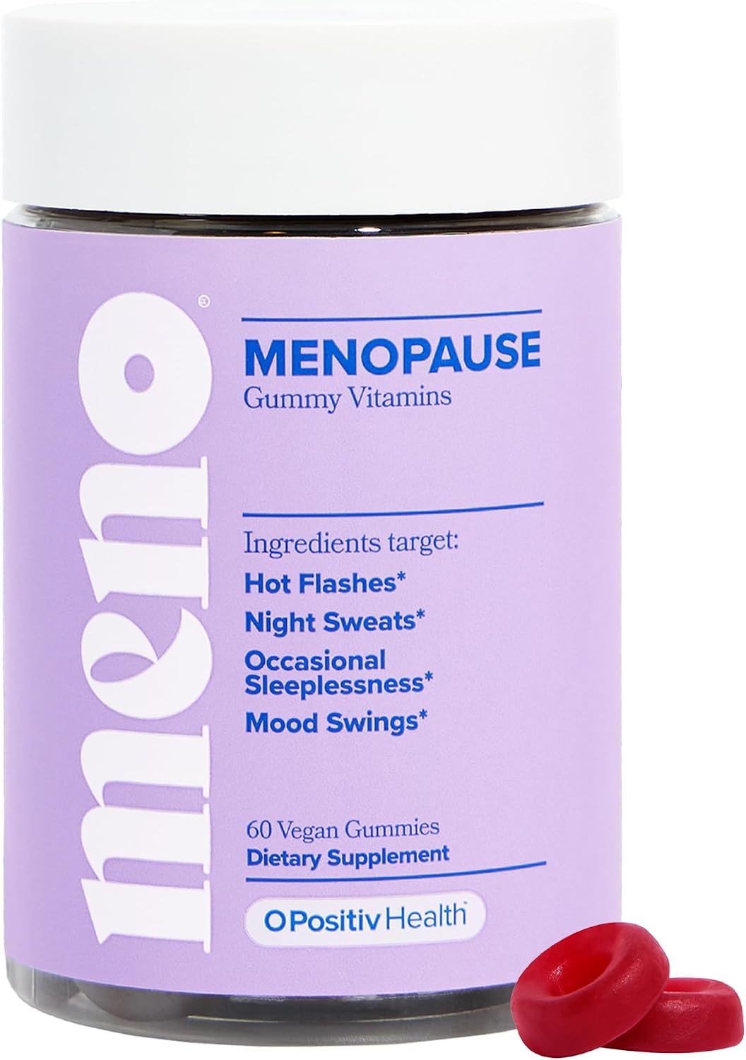 MENO gummies bottle on a bedroom nightstand with lamp, water glass, and journal in morning light