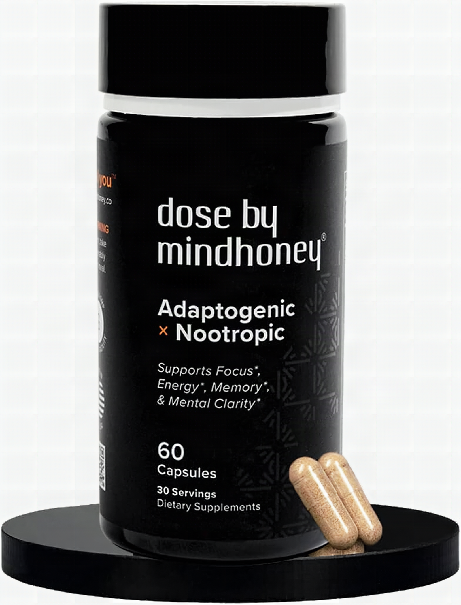 MINDHONEY nootropic capsules in extreme close-up, individual pills in sharp focus with soft bokeh background