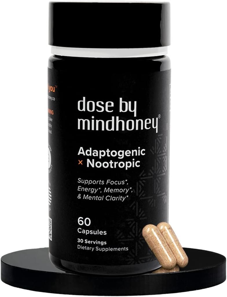 MINDHONEY supplement bottle on a bright home office desk with journal, coffee, and laptop visible in background