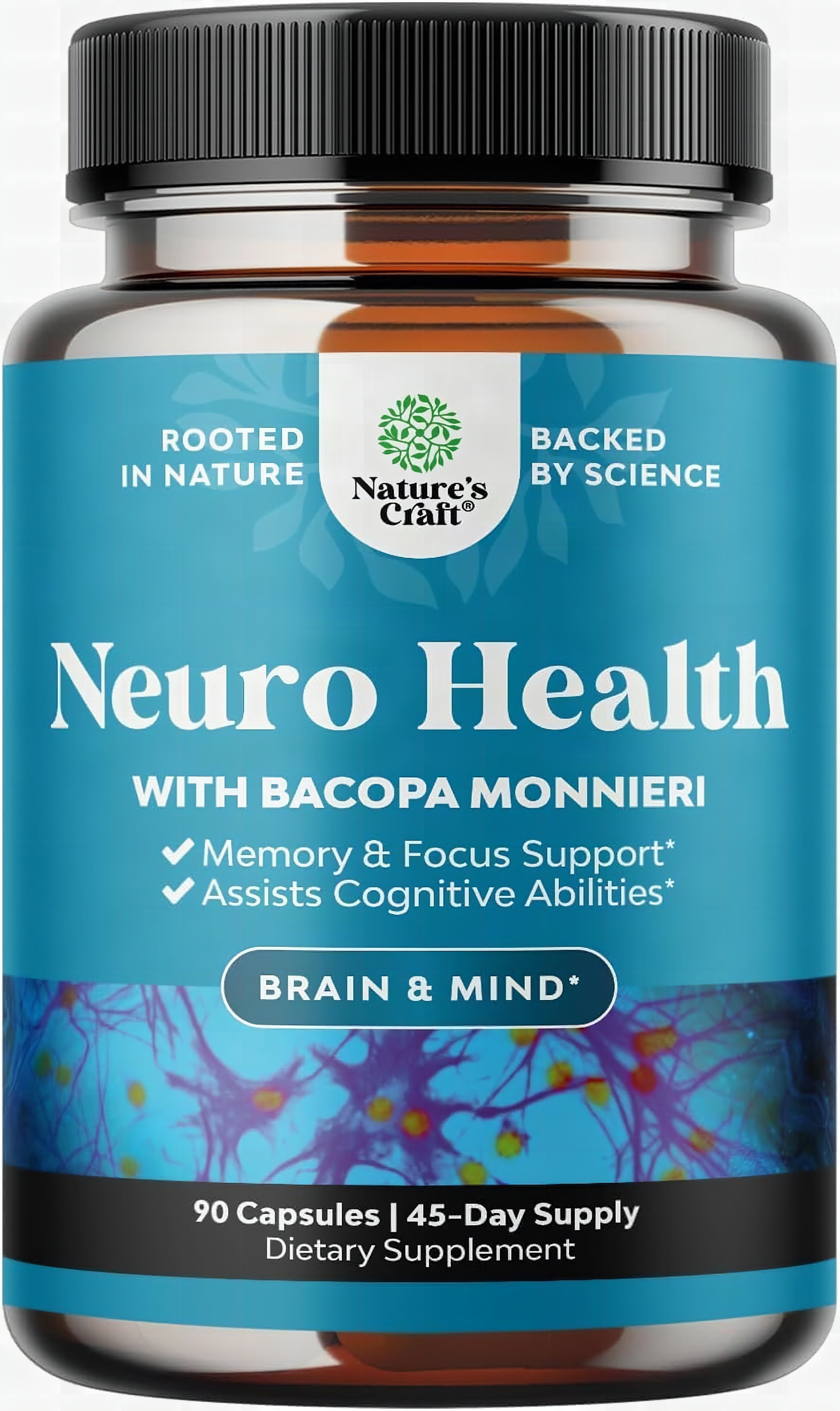 Macro close-up of Neuro Health Brain Supplements pills showing amber and white capsule details with shallow depth of field
