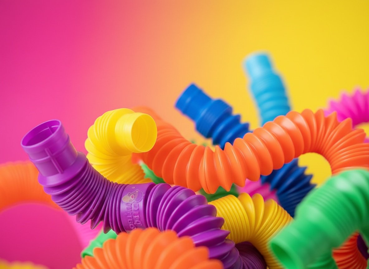 Macro close-up of a vibrant Pop Tube toy stretched lengthwise, texture details sharp against soft blurred background
