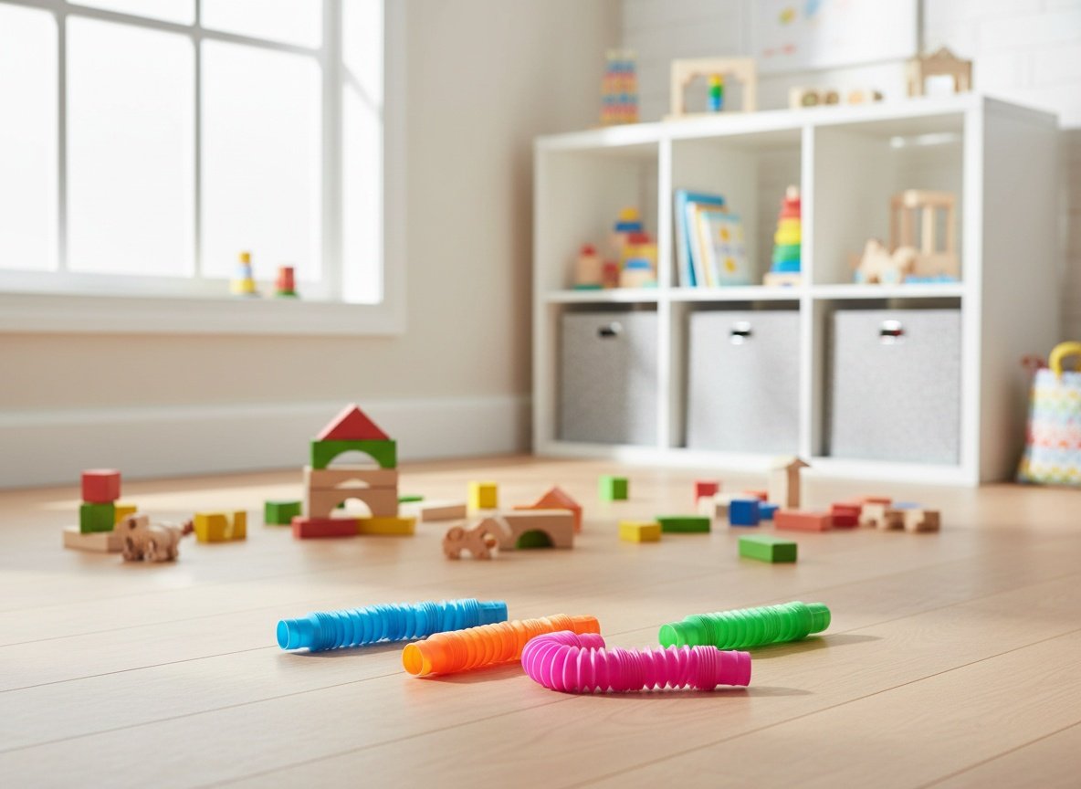 Pop Tubes sensory toys displayed on a playroom floor surrounded by blocks and toys in natural light