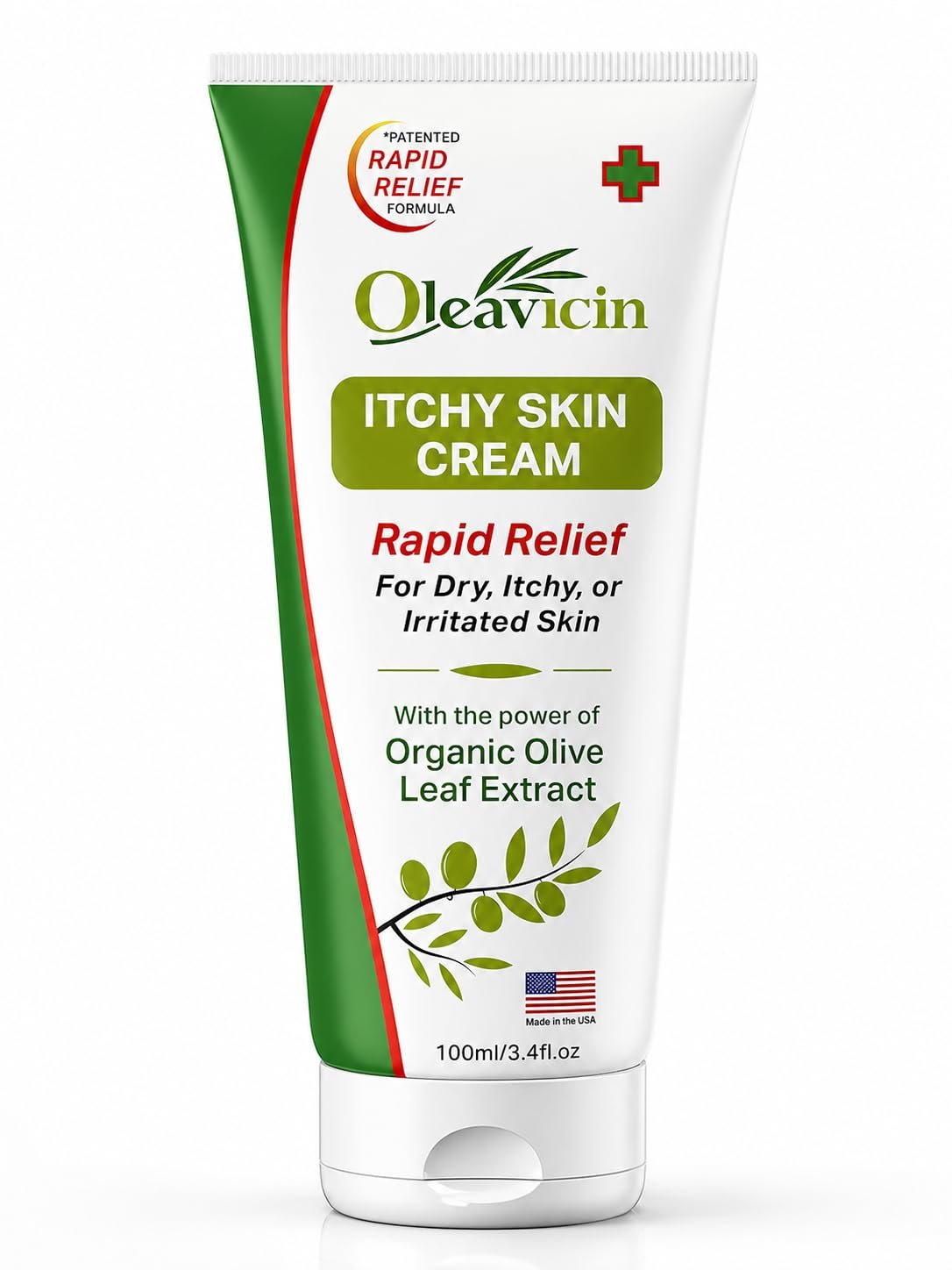 Oleavicin anti-itch cream on bathroom vanity shelf with aloe plant and cotton pad nearby