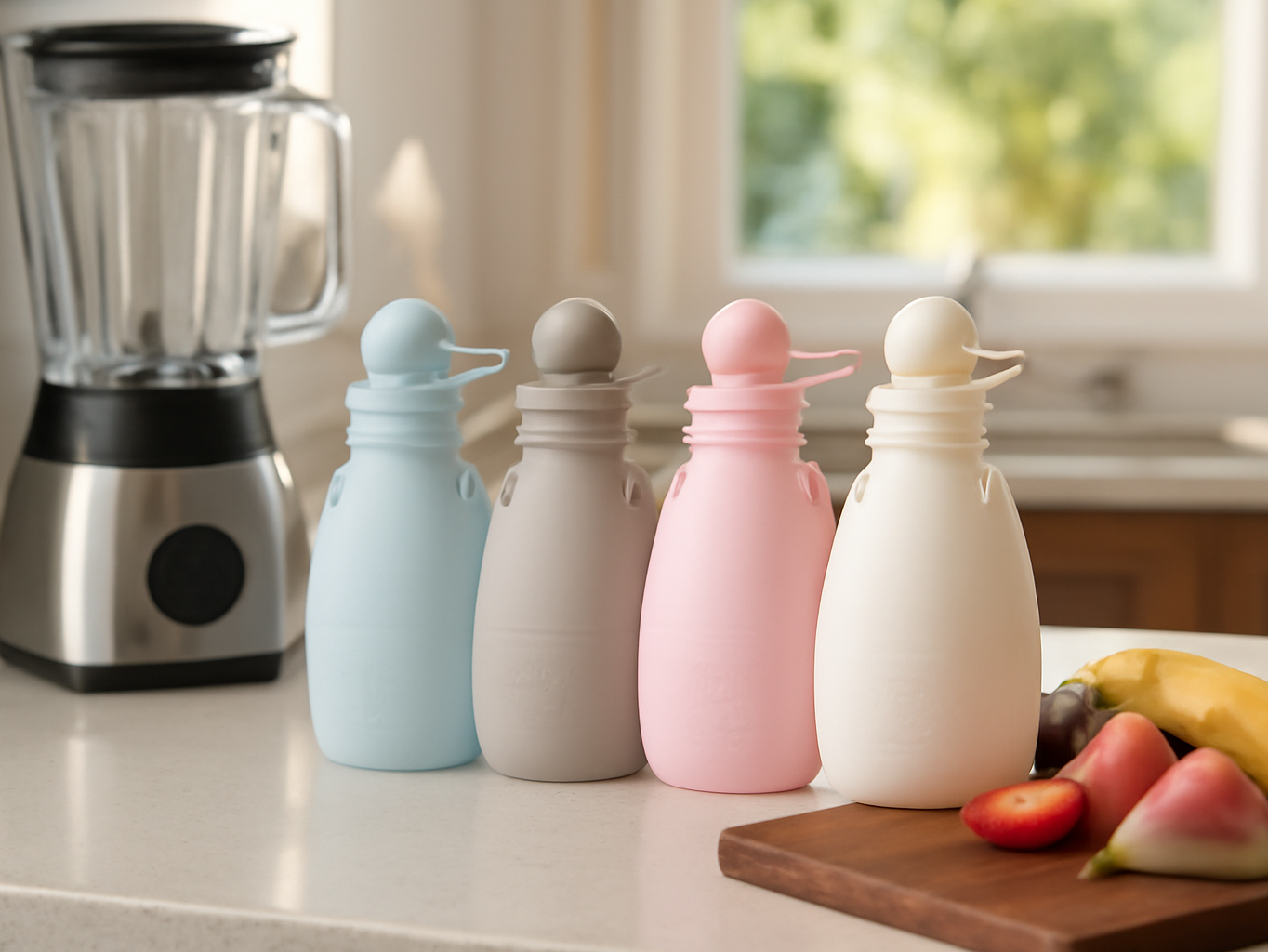 Four PandaEar pouches displayed on a kitchen counter amid fresh fruit and blender