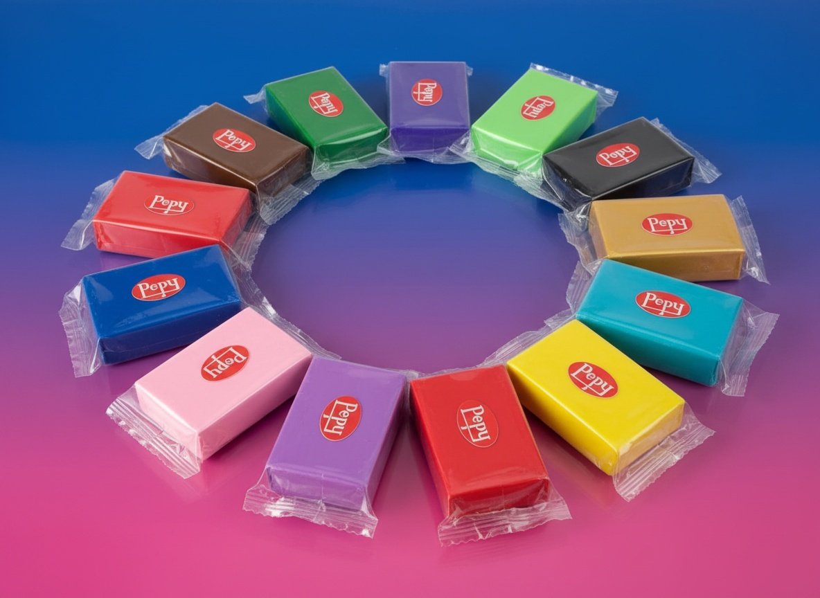 Macro close-up of twelve colorful Pepy Plastilina clay bars arranged in a circle, showcasing the full color palette
