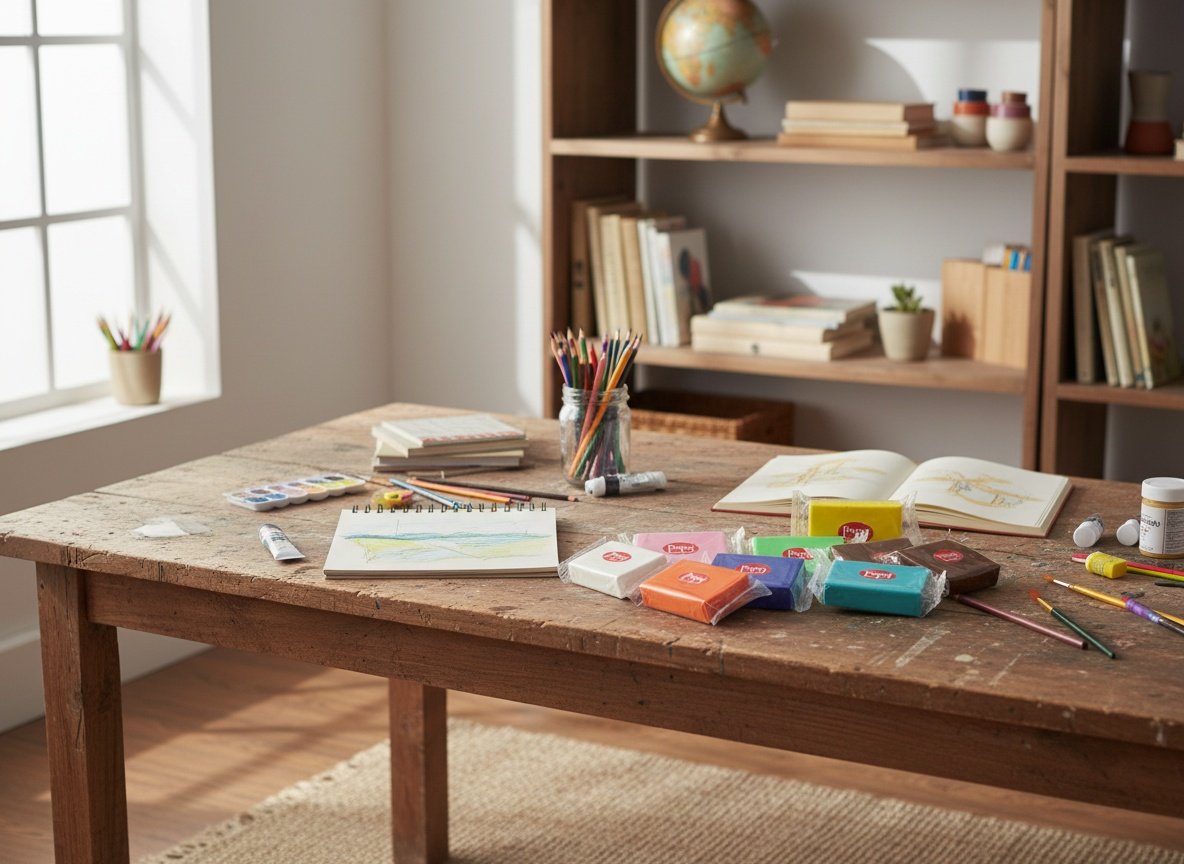 Pepy clay set on a wooden craft table surrounded by art supplies, colored pencils, and sketchpad in a sunlit room
