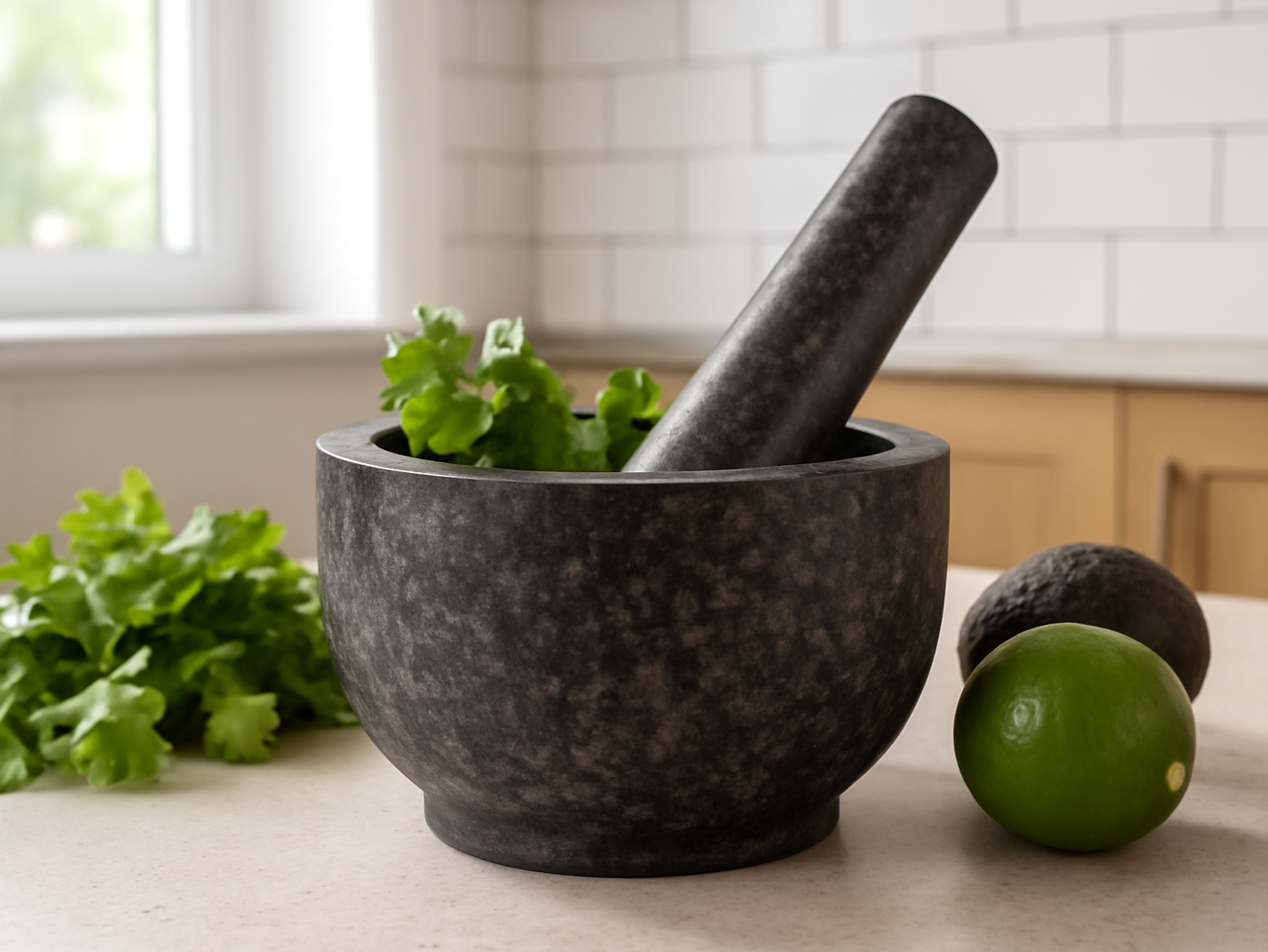 Granite mortar and pestle on a kitchen counter with fresh ingredients and tile backsplash