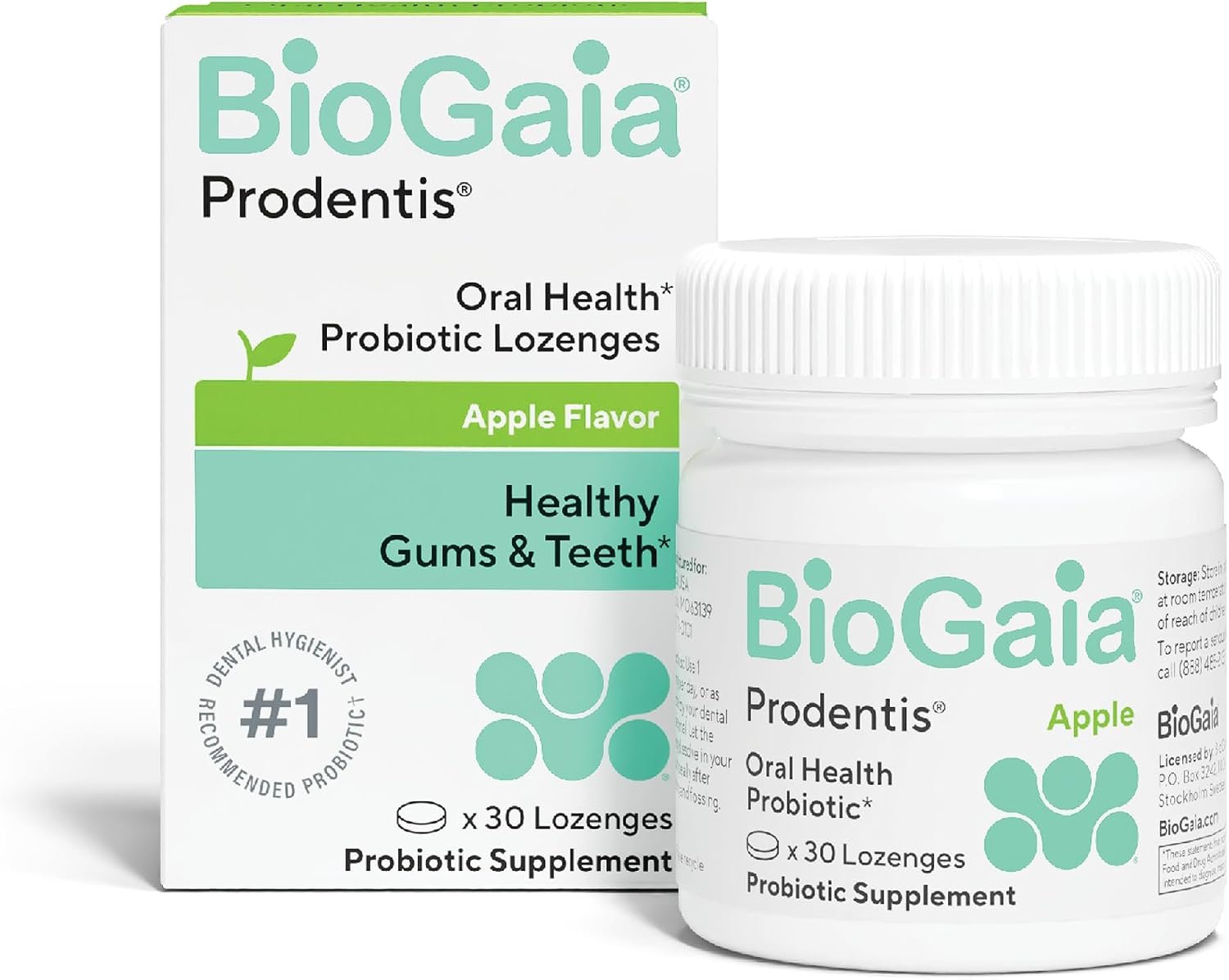 BioGaia Prodentis bottle displayed on a bathroom vanity counter with toothbrush and water glass in natural morning light