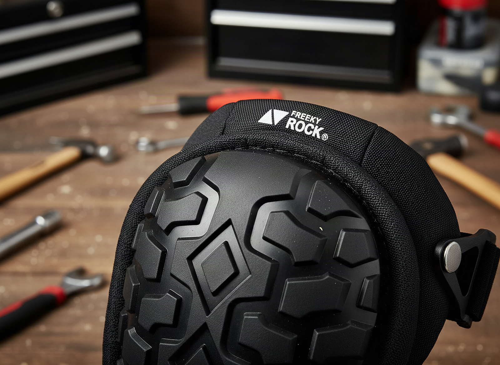 Close-up of knee pad gel padding and rivet detail showing cushion texture and construction