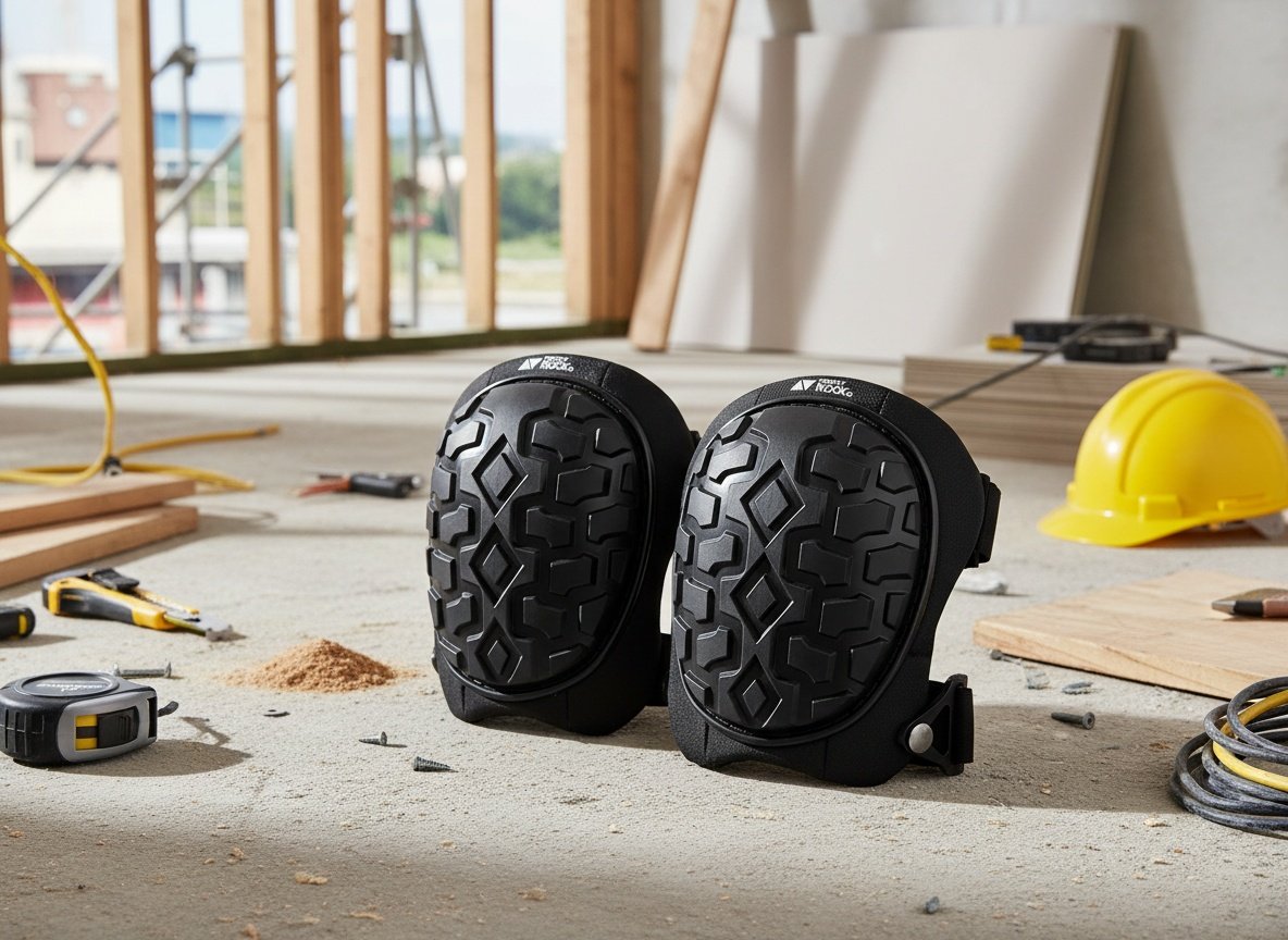 Knee pads positioned on a concrete construction site floor with tools and materials visible around them