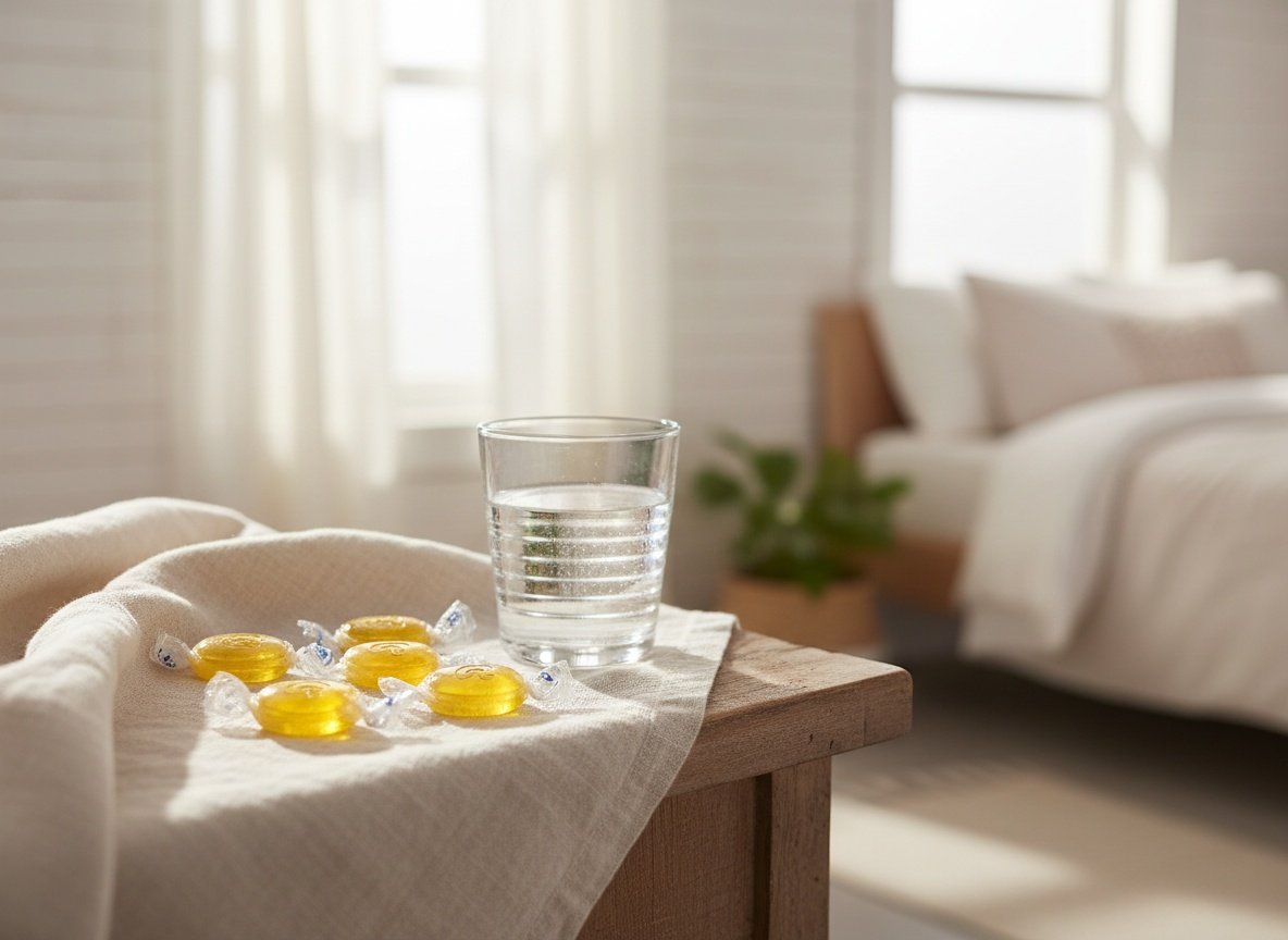 Ricola lozenges on a nightstand with tissues and water glass in a sunlit bedroom