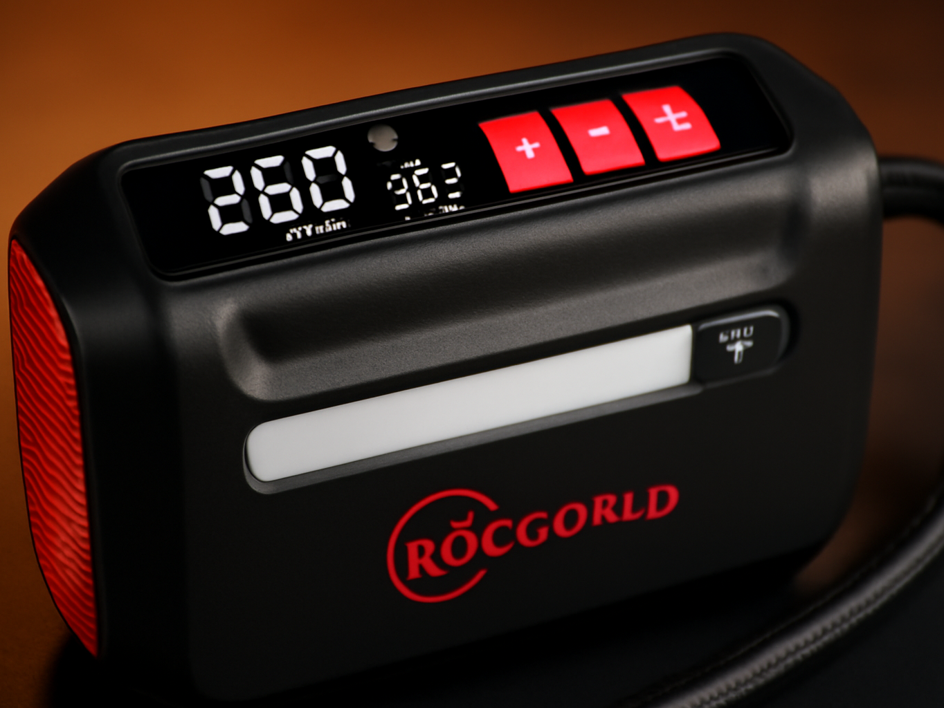 ROCGWORLD R8 tire inflator with dual digital screens in sharp macro detail