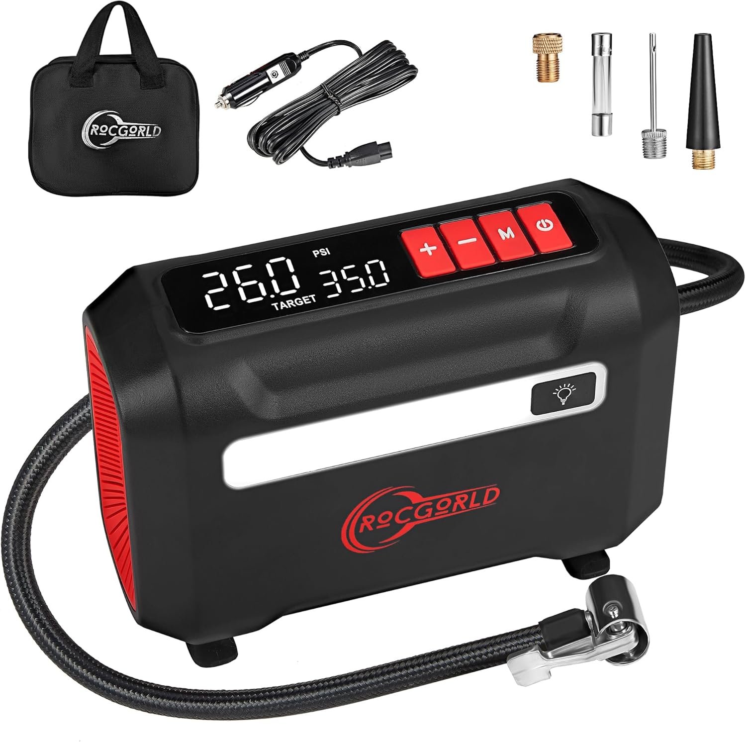 ROCGWORLD R8 air pump on a garage workbench with tools and equipment surrounding it