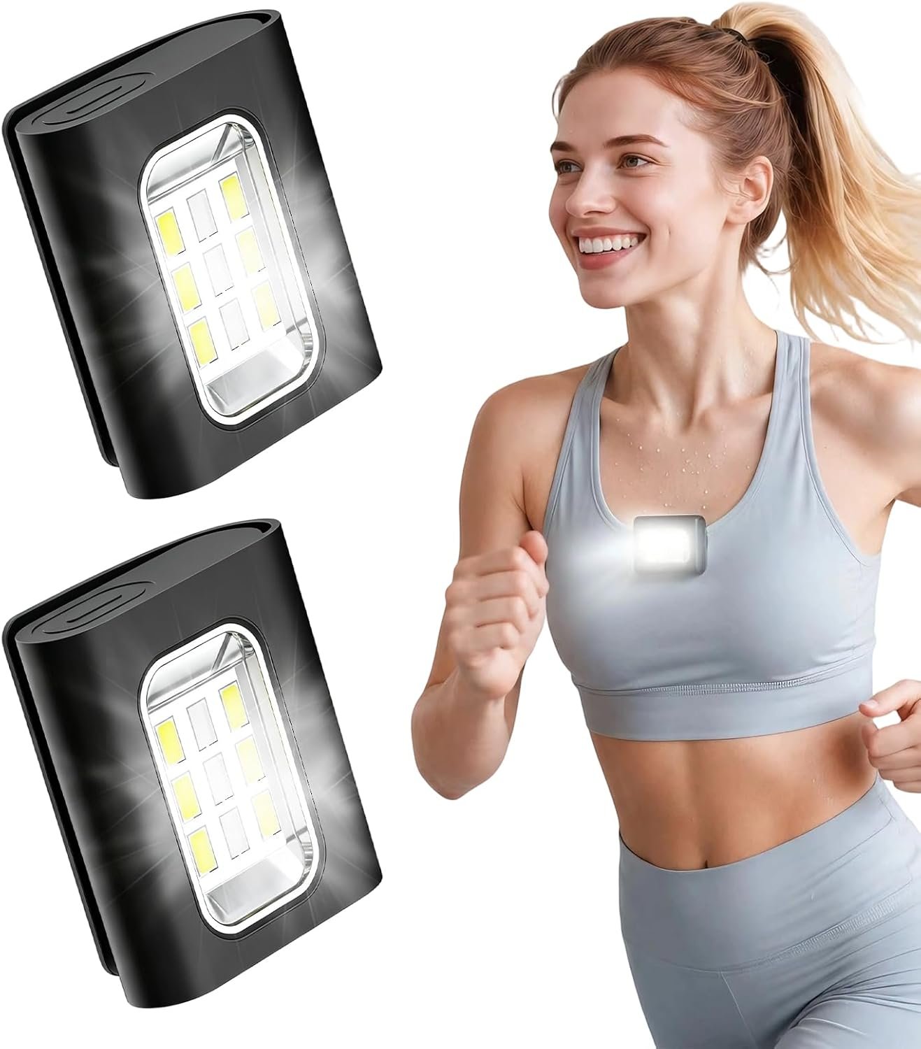 Two rechargeable running lights in bedroom setting, one clipped to furniture emitting white light