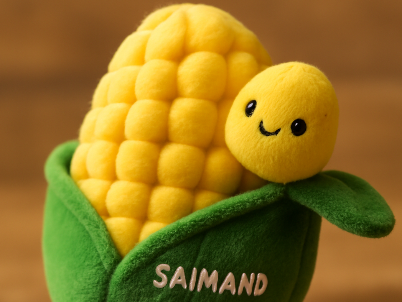 Macro close-up of a plush corn toy with individual soft kernels visible in shallow focus