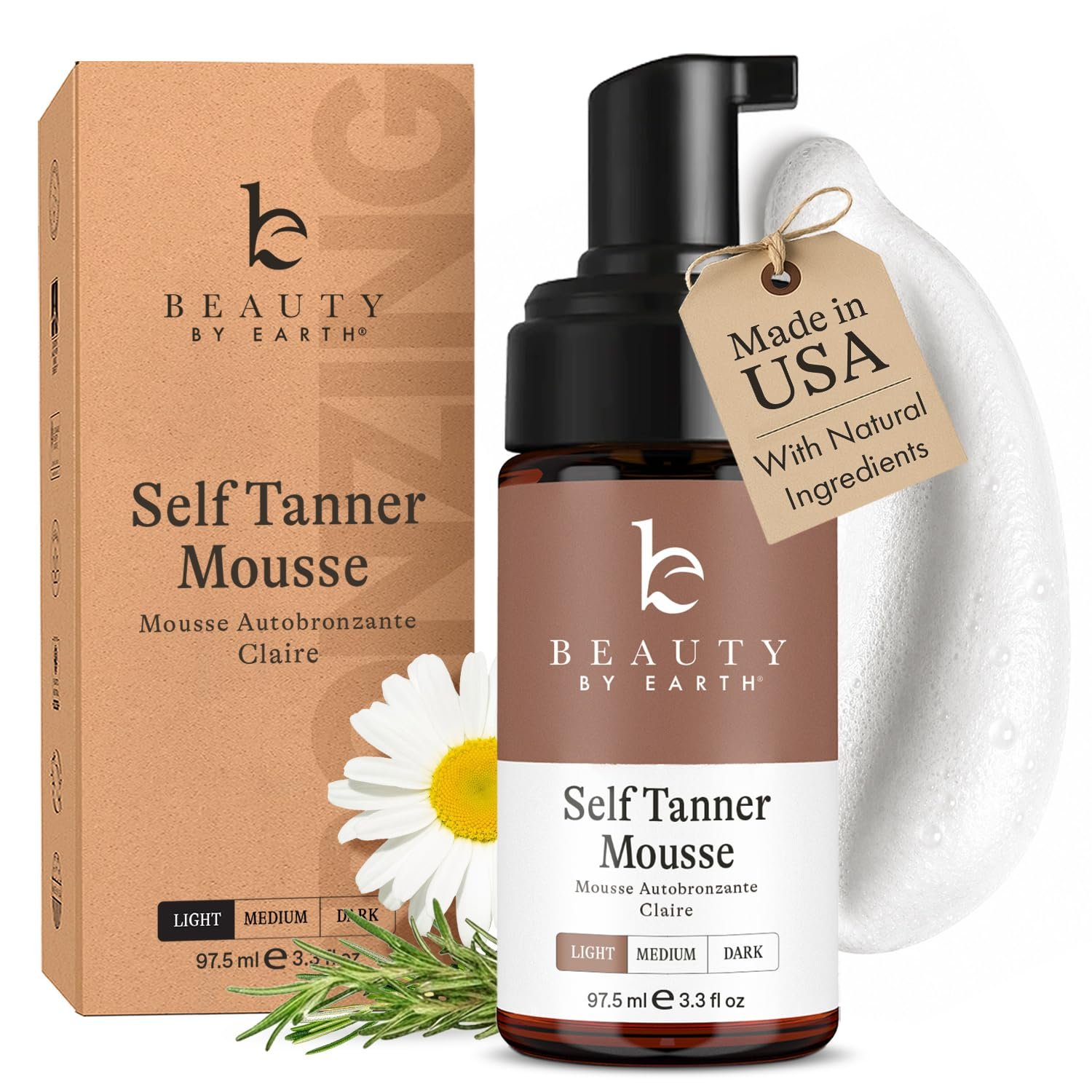 Self-tanner mousse displayed on bathroom vanity counter with mirror and accessories in background