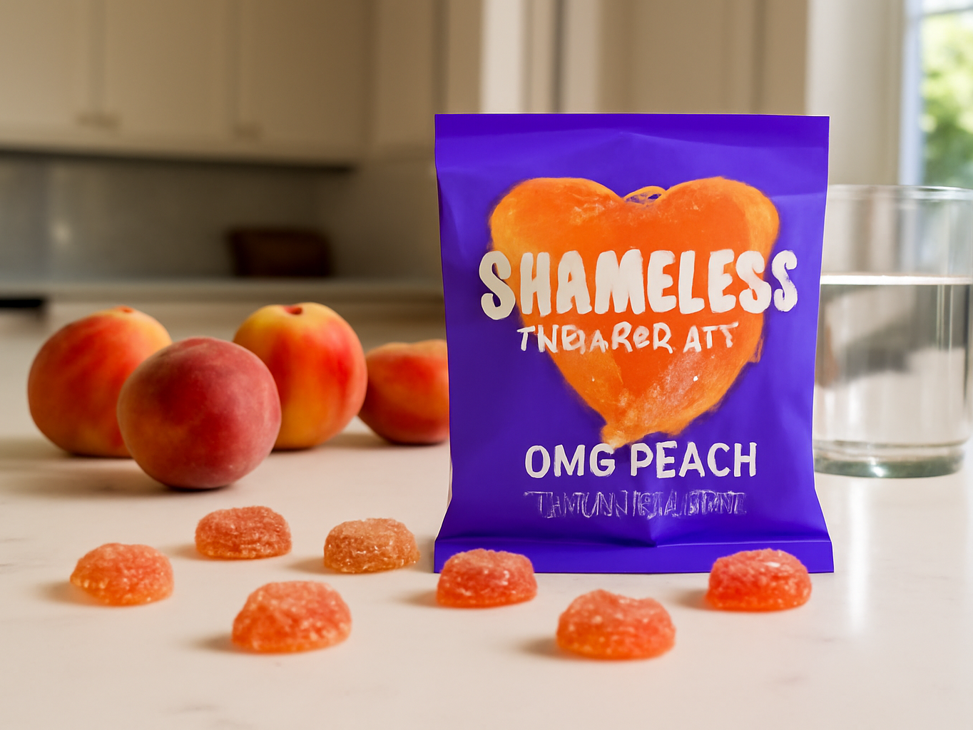 Peach gummies arranged on a kitchen counter with fresh fruit and water glass in background