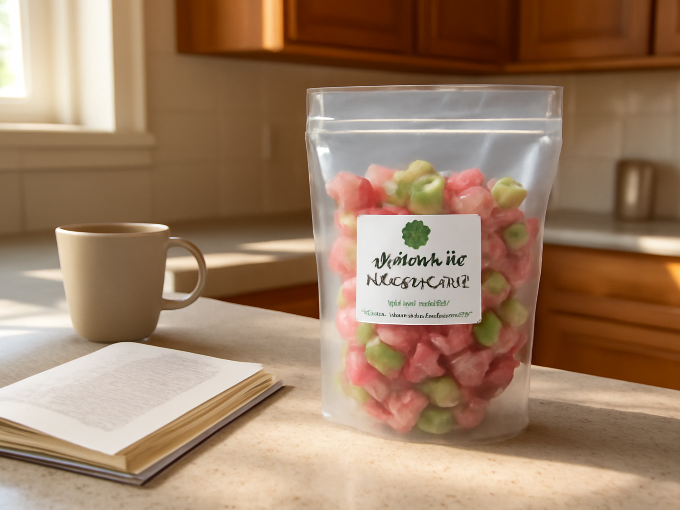Opened bag of vegan gummy candies on a kitchen counter near morning coffee and cookbooks
