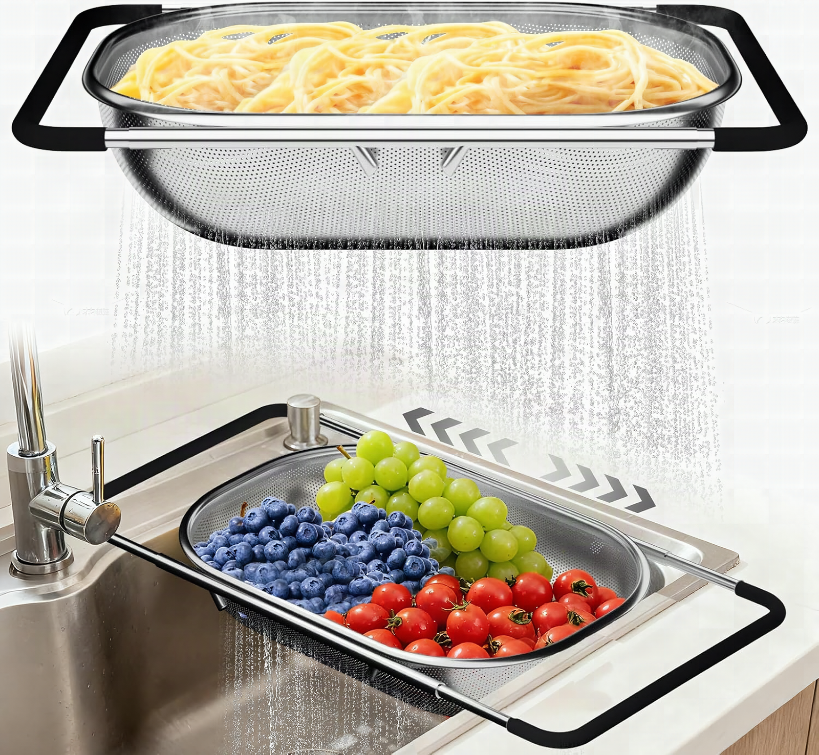 Macro close-up of fine mesh texture on expandable sink colander with rubber grip handle