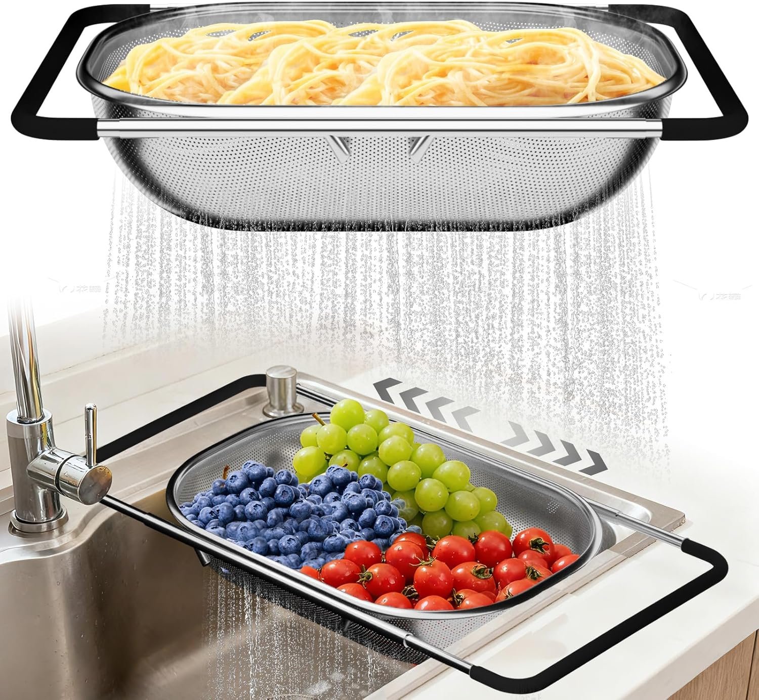 Expandable colander resting on kitchen sink rim with fresh vegetables on counter in bright daylight