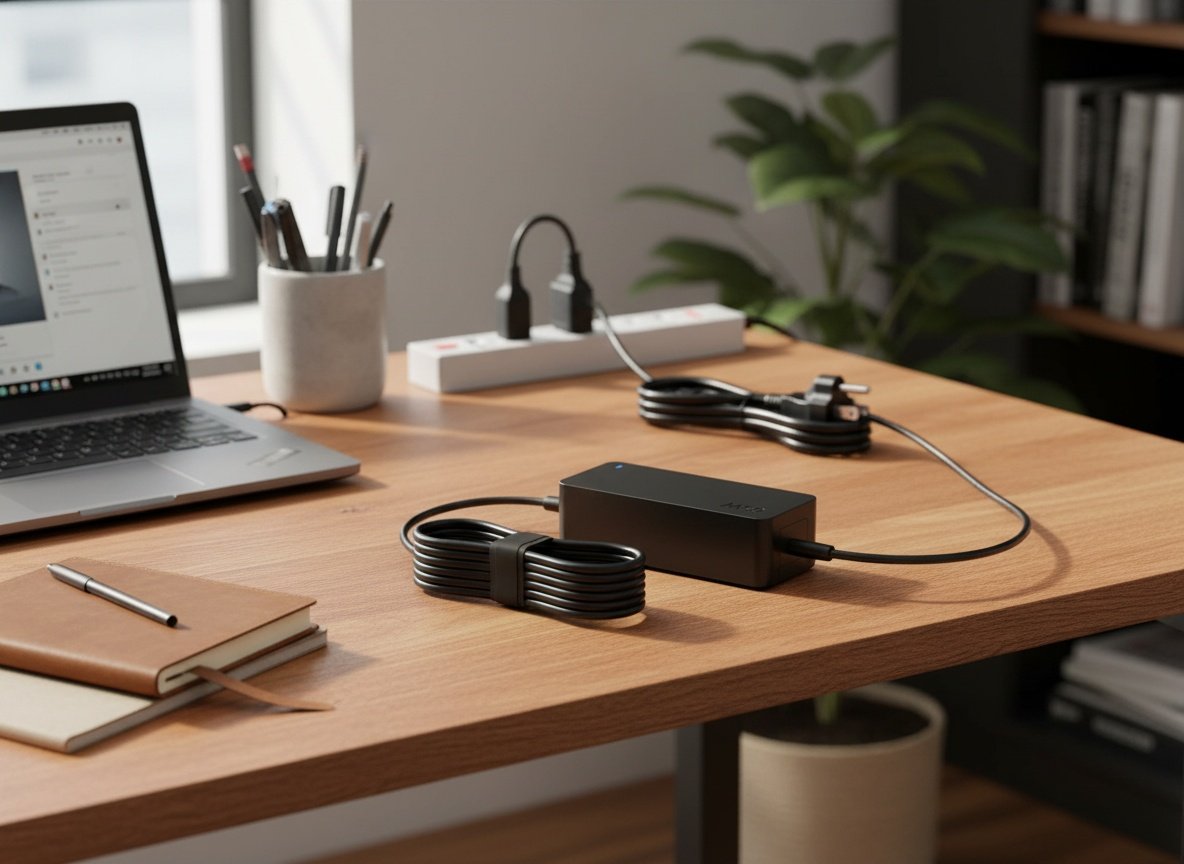 Superer 65W charger coiled on a wooden desk next to a ThinkPad laptop in a home office