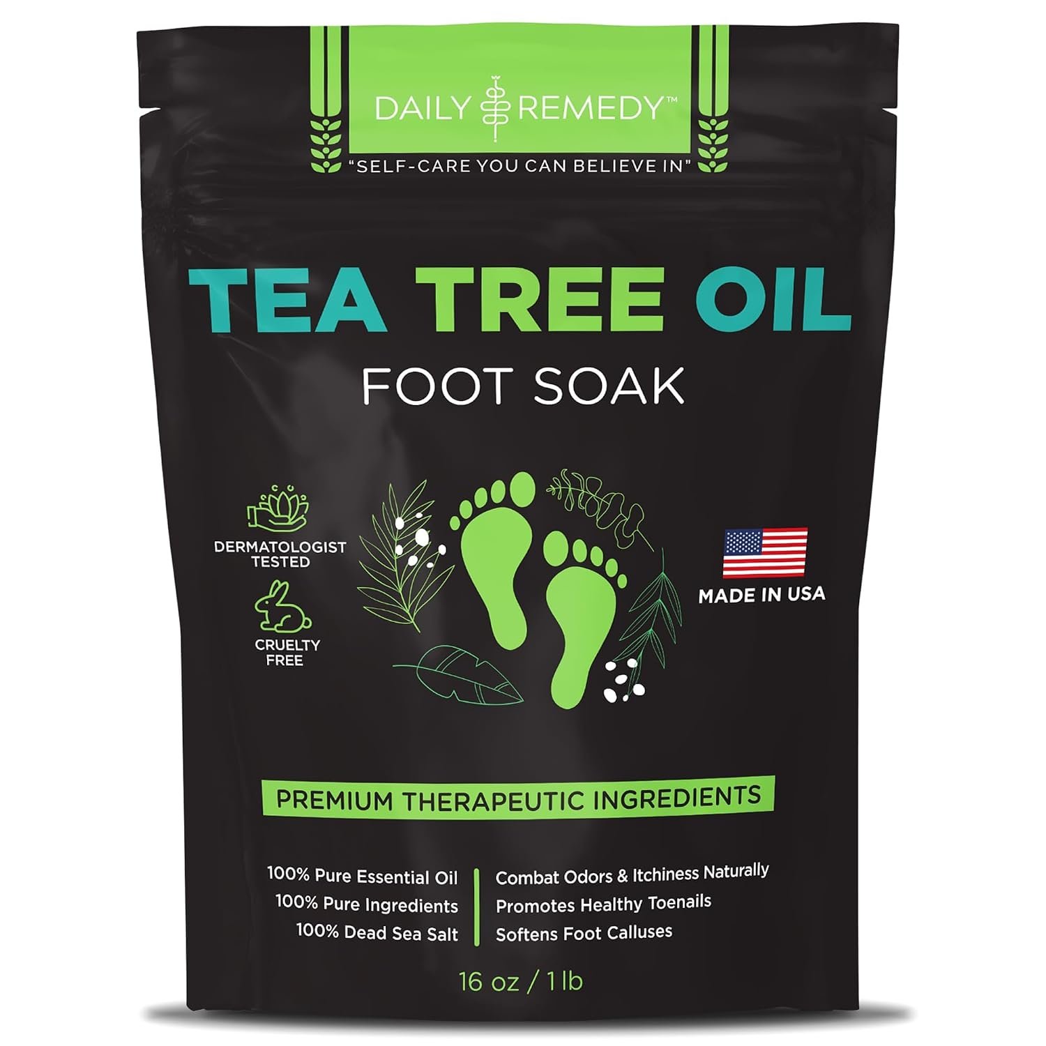 Tea tree oil foot soak bottle on bathroom shelf above soaking basin with towel and accessories