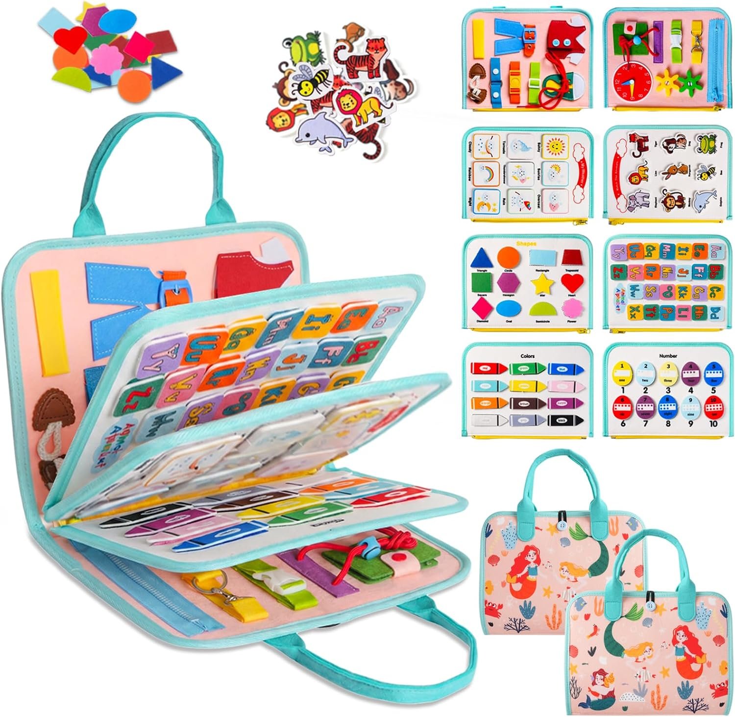 Teefrye busy board open on a play mat in a bright nursery room with toys and books nearby