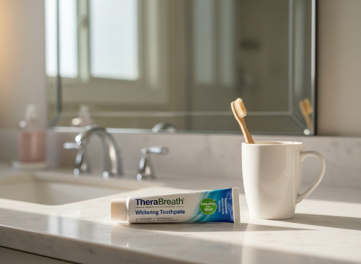 TheraBreath toothpaste on marble bathroom counter with mug and toothbrush in morning light