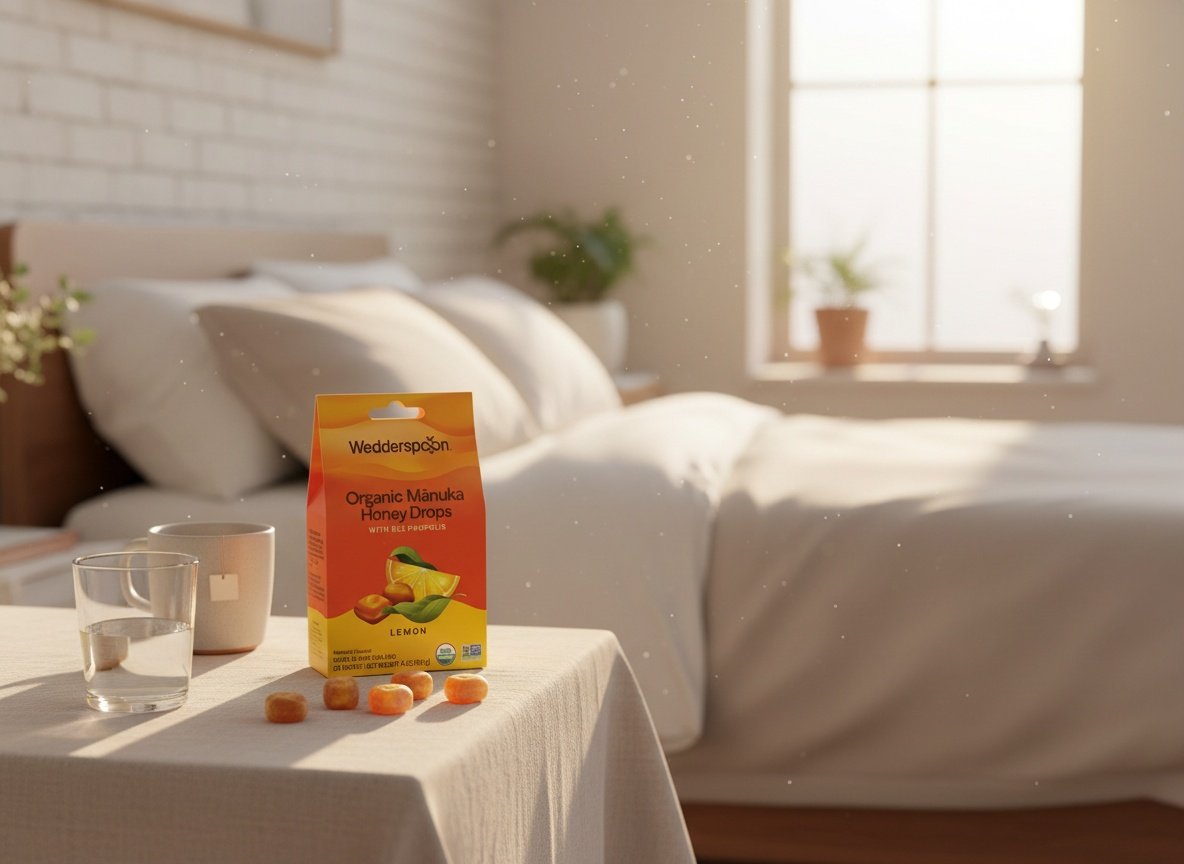 Wedderspoon Manuka Honey Drops on a sunlit bedside table with water glass and mug in a bedroom corner
