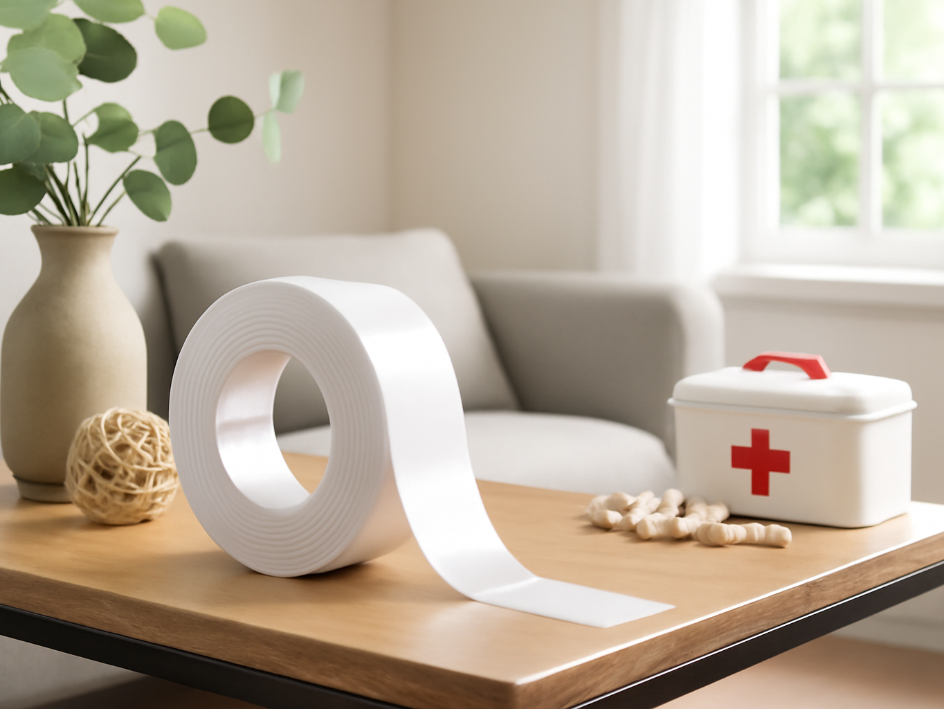WINNOW nano tape on a side table in a bright living room with painted walls and holiday decorations