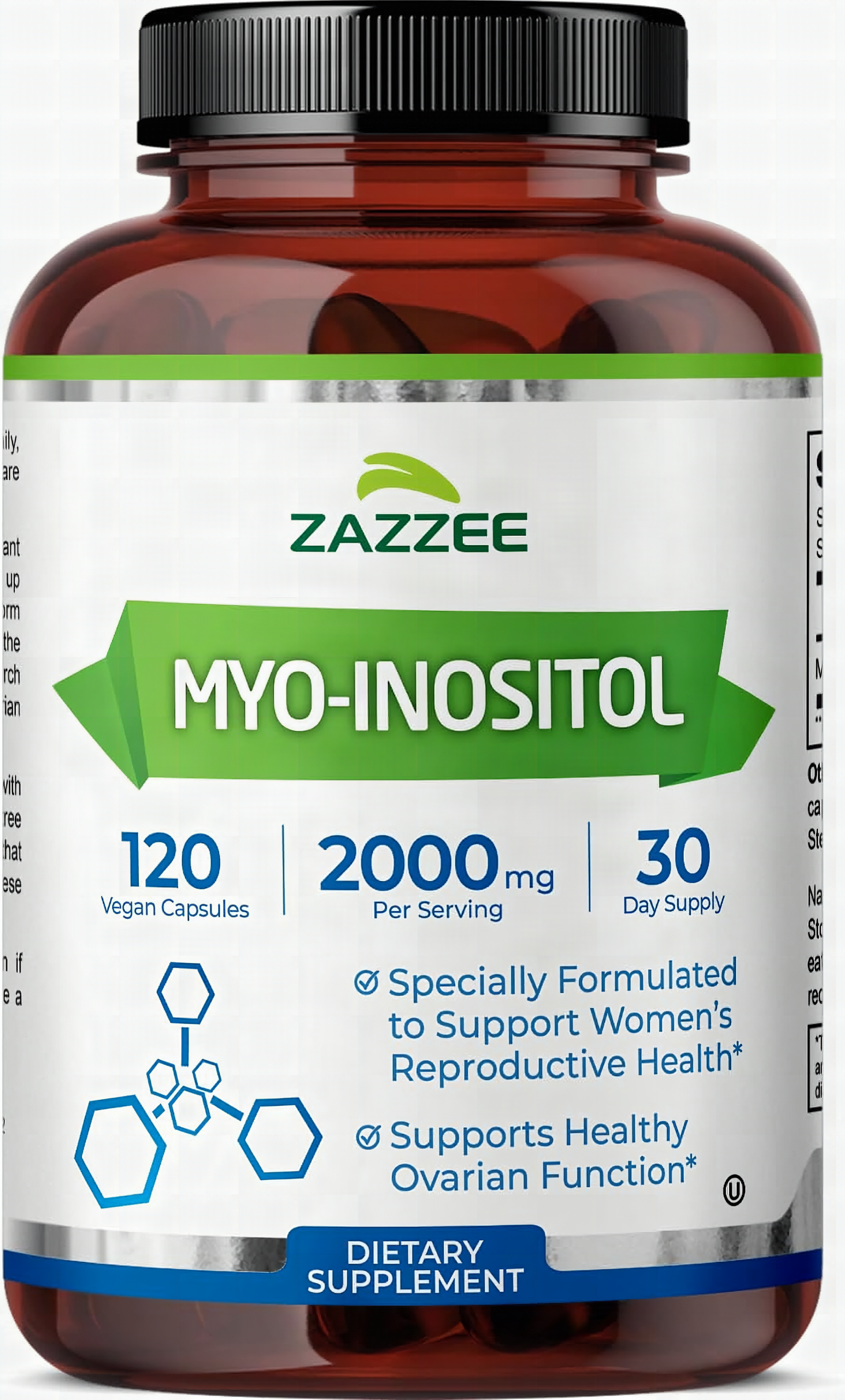 Macro close-up of Zazzee Myo-Inositol capsules pouring from bottle onto marble, shallow focus