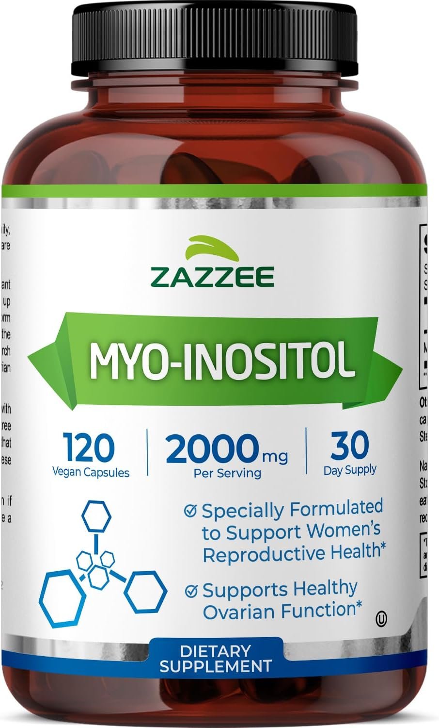 Myo-Inositol bottle on kitchen windowsill with water glass and calendar in natural daylight