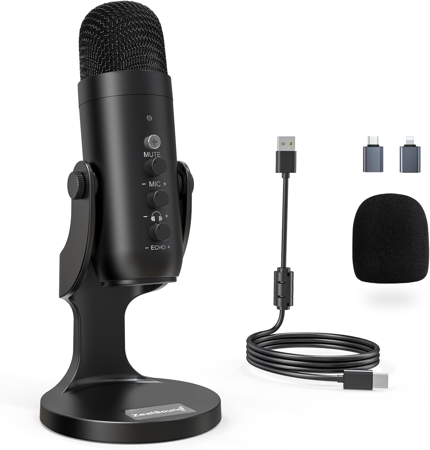 ZealSound microphone mounted on boom arm in a home recording studio with laptop and acoustic treatment