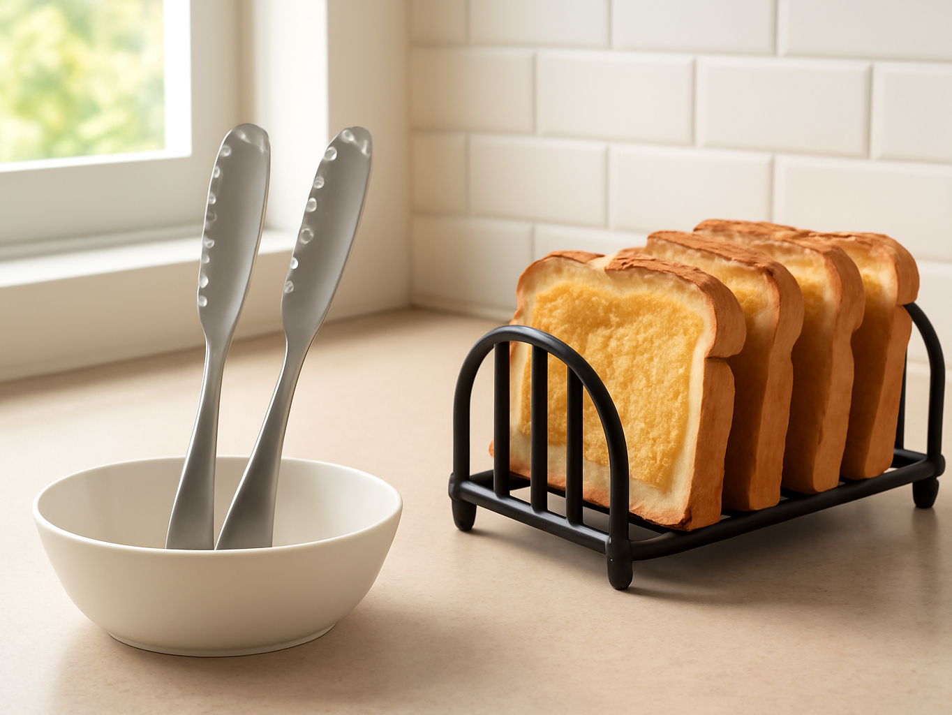 Two stainless steel butter knife spreaders in a ceramic dish on a kitchen counter next to buttered toast