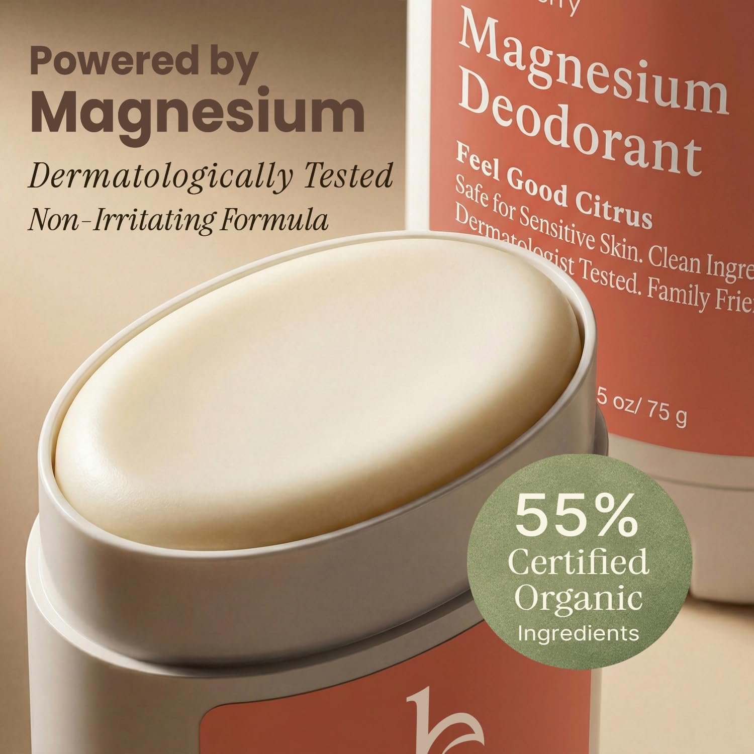 Aluminum-free deodorant on a sunlit bathroom vanity counter with towel and plant in the background