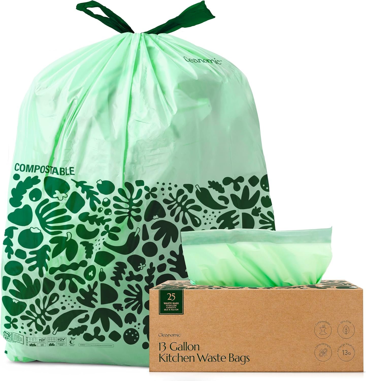 Compostable waste bags in use inside an open kitchen compost bin filled with food scraps and vegetable waste
