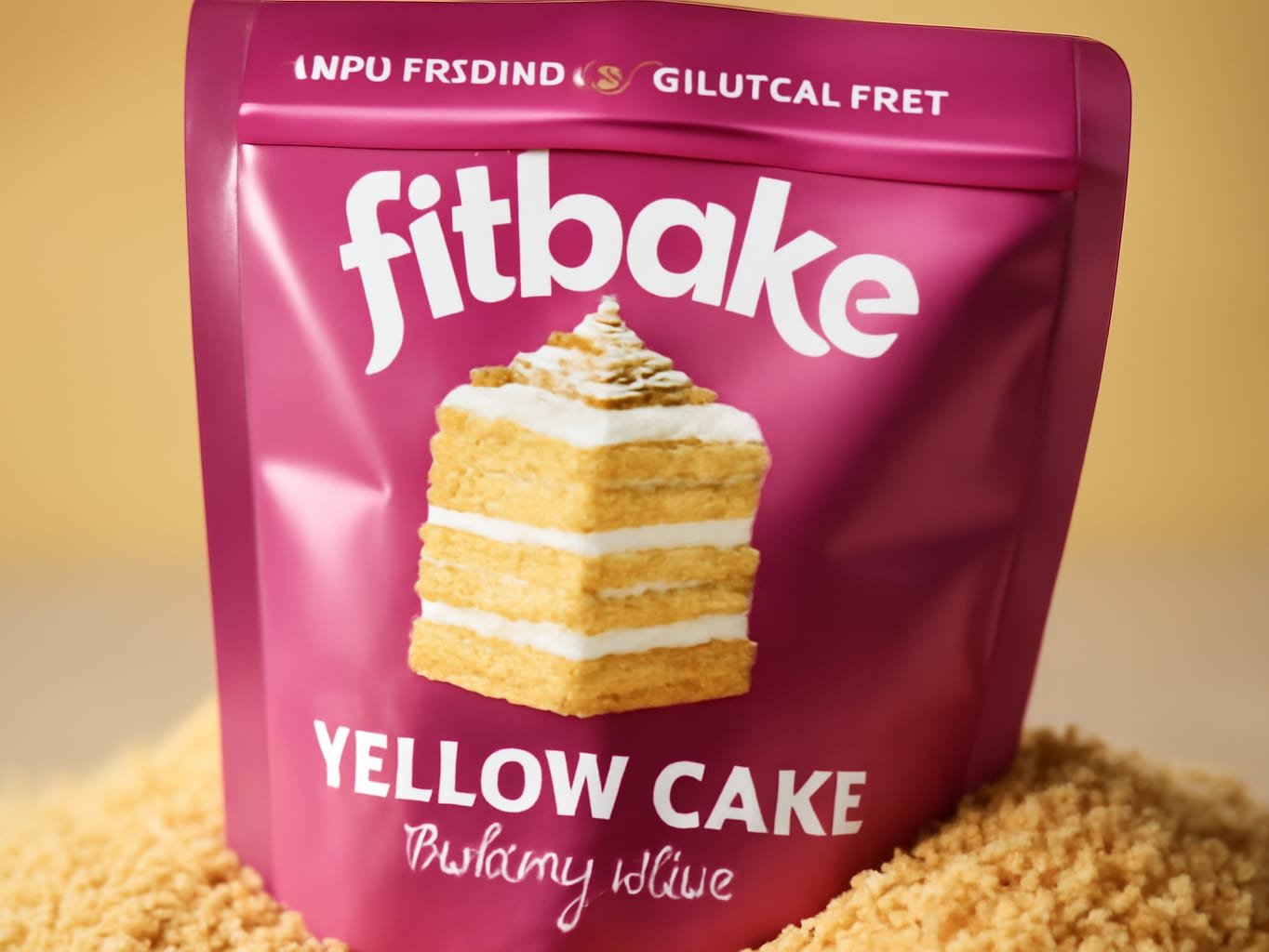 Close-up of FitBake Keto cake mix powder showing fine golden texture and granules in macro detail
