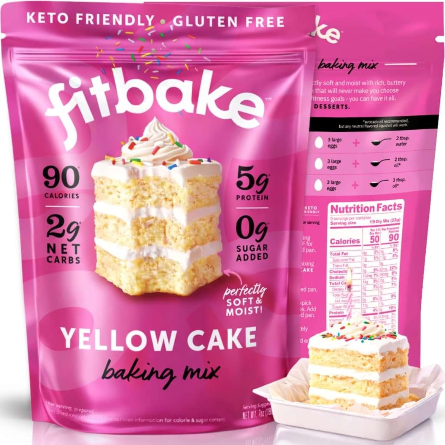FitBake Keto cake mix on a kitchen counter with baking ingredients and natural window light