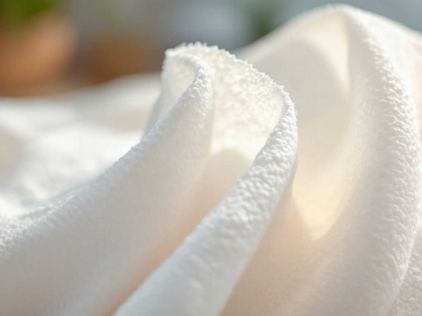 Macro close-up of biodegradable face towel fibers in sharp detail with soft studio lighting