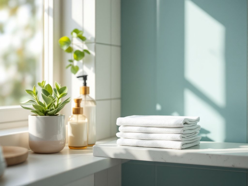 Biodegradable face towels stacked on a bathroom shelf with bottles and plant in natural light
