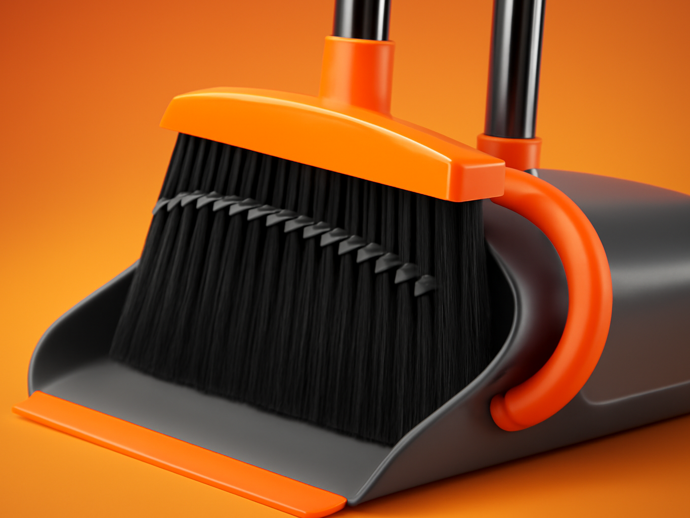 Macro close-up of gray and orange broom bristles and handle connection with shallow focus