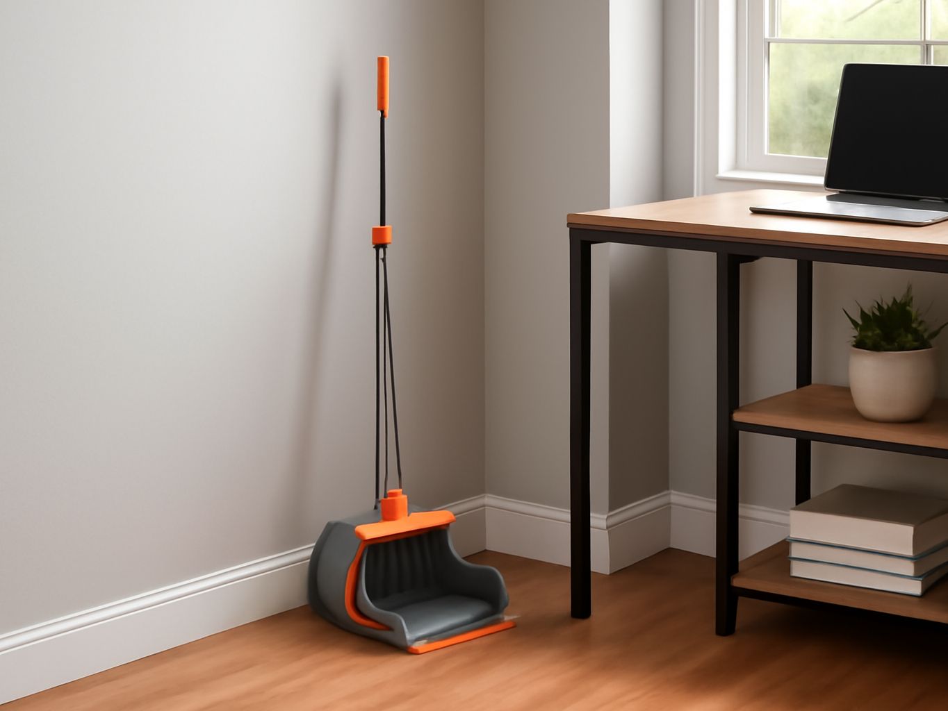 Broom and dustpan set upright in office corner with desk and shelving in background