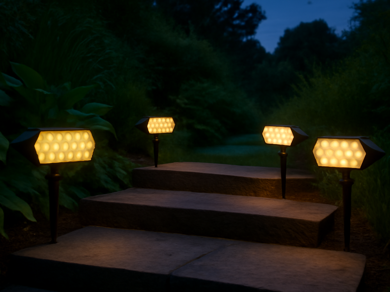 Four NYMPHY solar lights glowing warm white along a garden pathway at twilight with surrounding plants and landscape