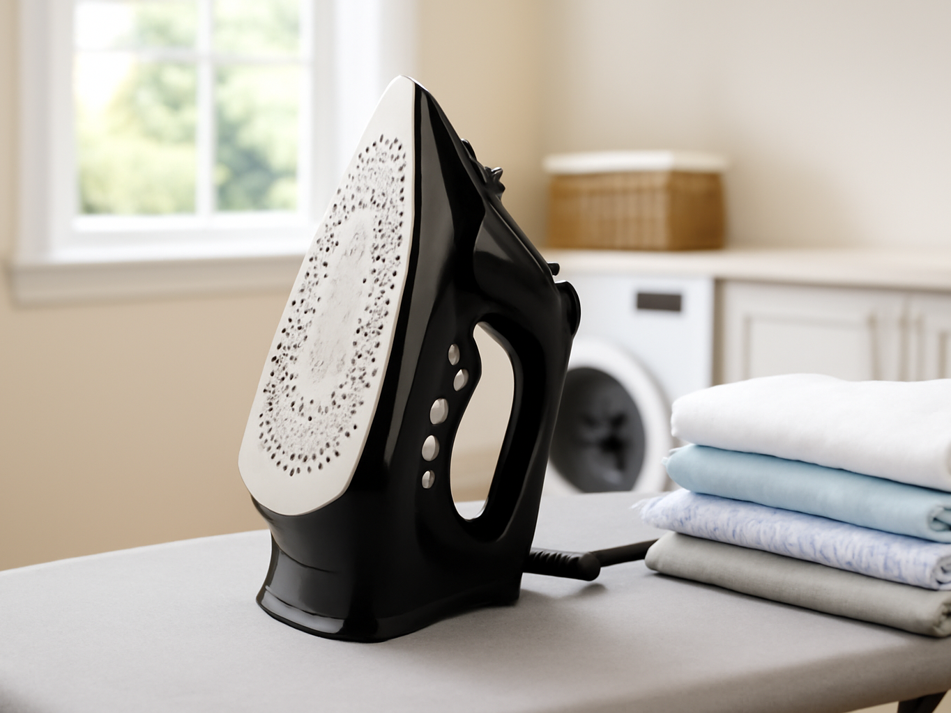 OMAIGA steam iron on ironing board in a home laundry room with folded clothes and natural light