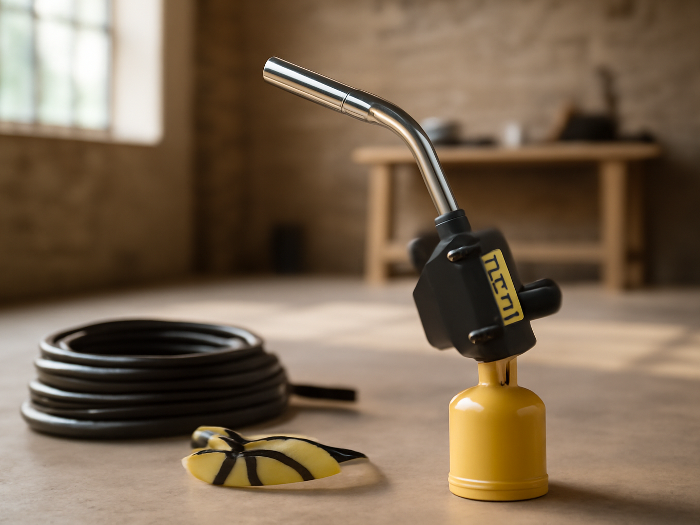Propane torch head on workshop floor with hose and safety gear in industrial setting
