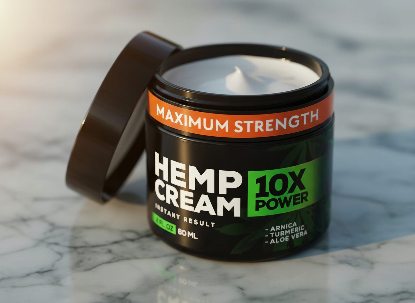 Macro close-up of hemp cream jar on marble with warm side lighting highlighting texture