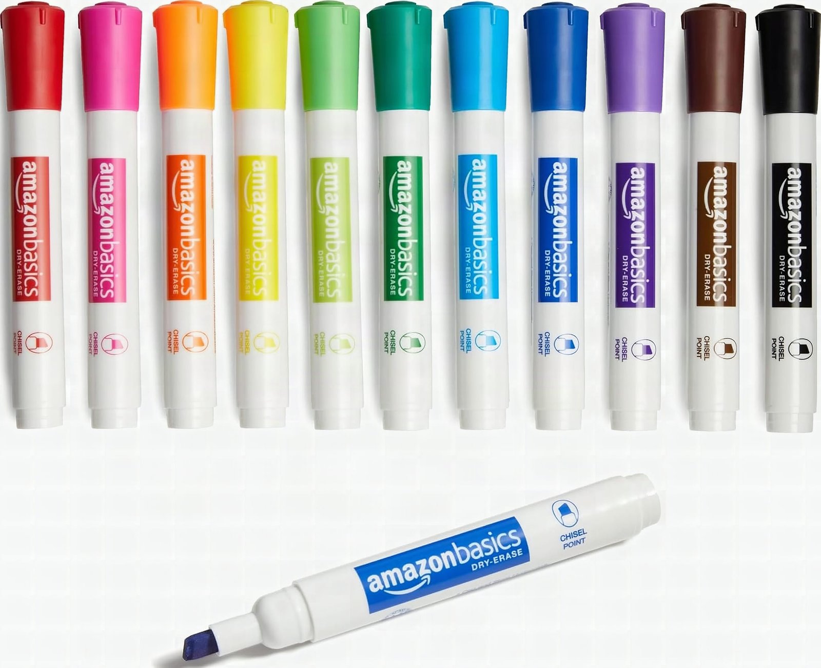 Macro close-up of stacked Amazon Basics dry erase markers showing vibrant assorted colors and chisel tips in sharp detail