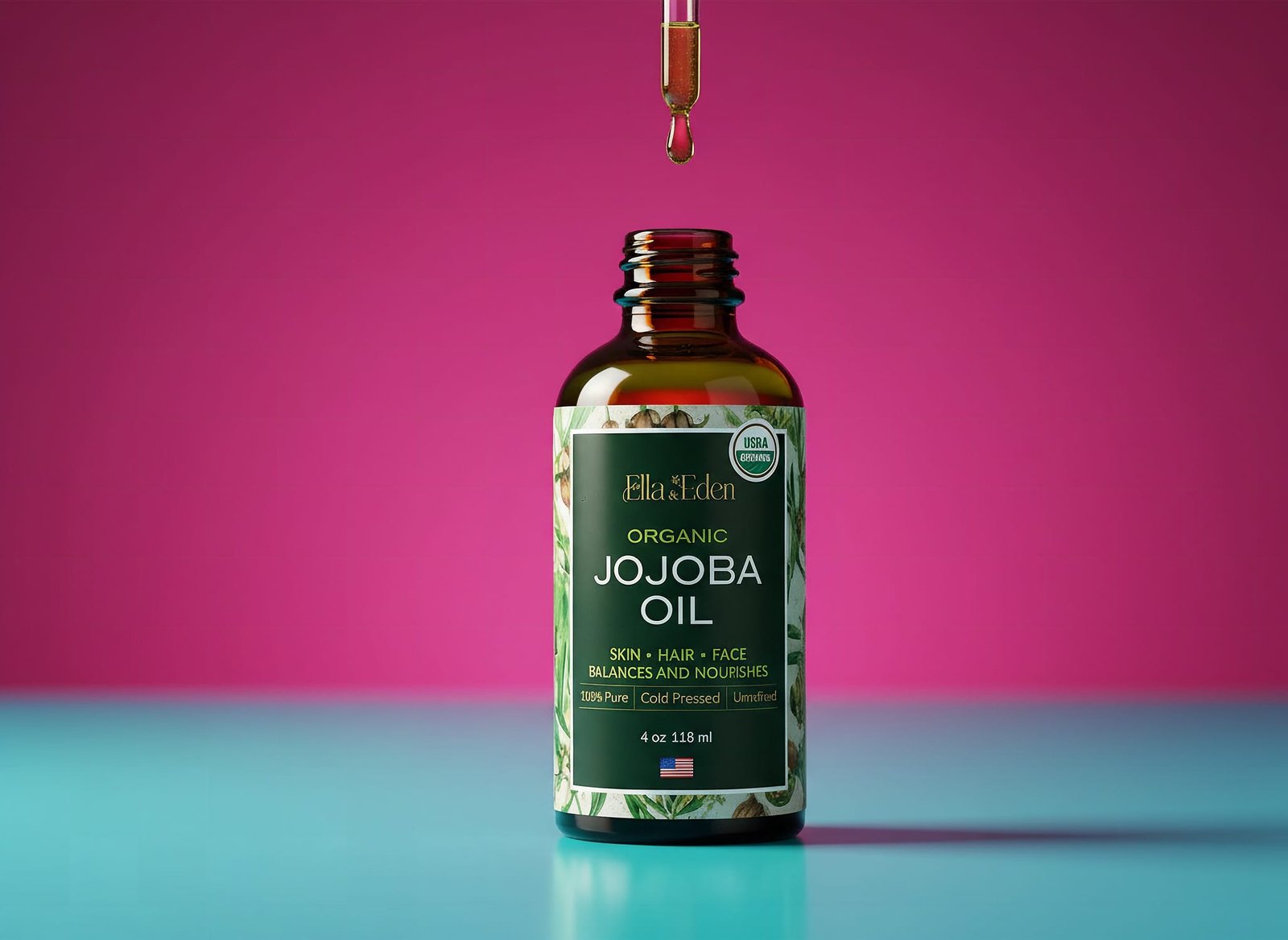 Golden jojoba oil in glass bottle, extreme close-up showing liquid clarity and rich color