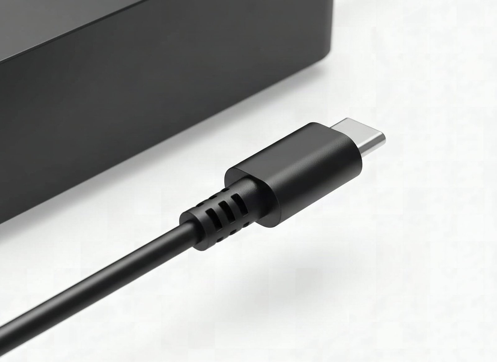Macro close-up of Superer 65W USB-C charger connector showing metal pins and cable detail